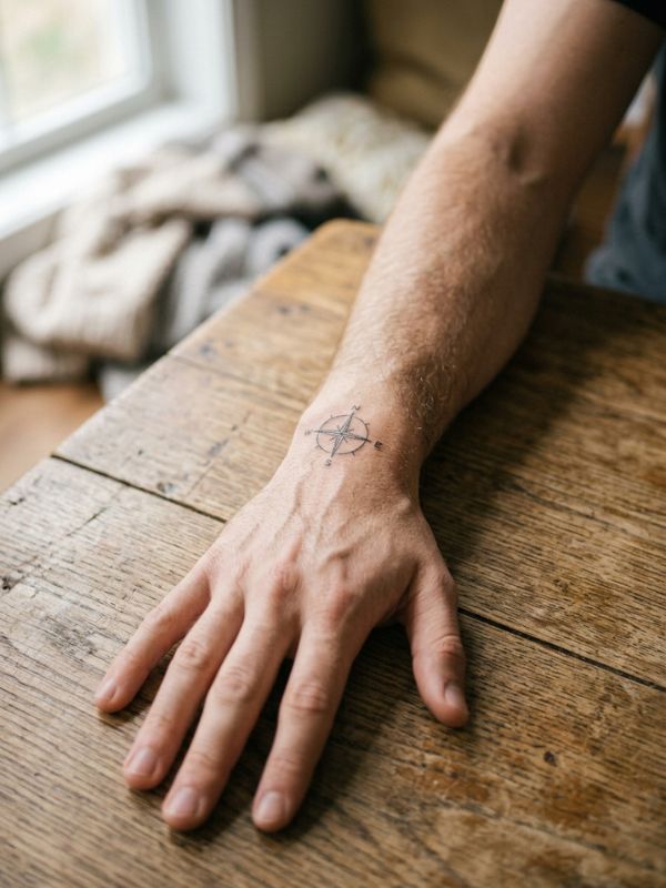 Man's arm showing a wrist tattoo connecting visually into a larger forearm tattoo, seamless linework transition, realistic tattoo photography, natural lighting, no visible face.